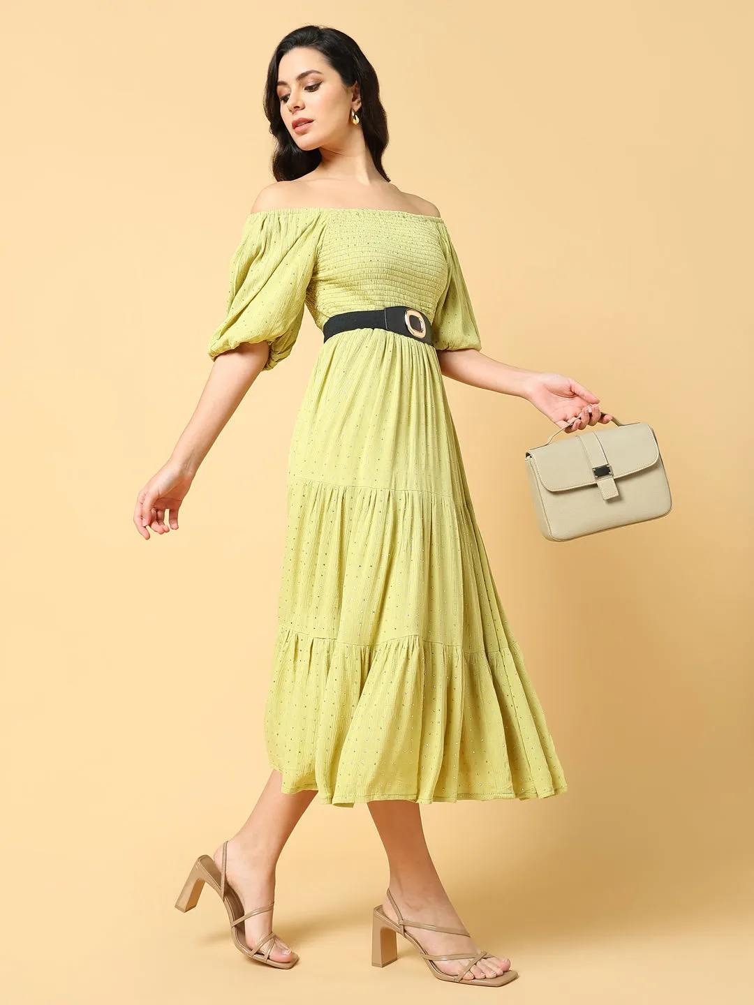 Women Green Solid Fit and Flare Dress with Belt