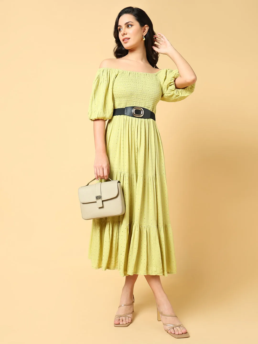 Women Green Solid Fit and Flare Dress with Belt