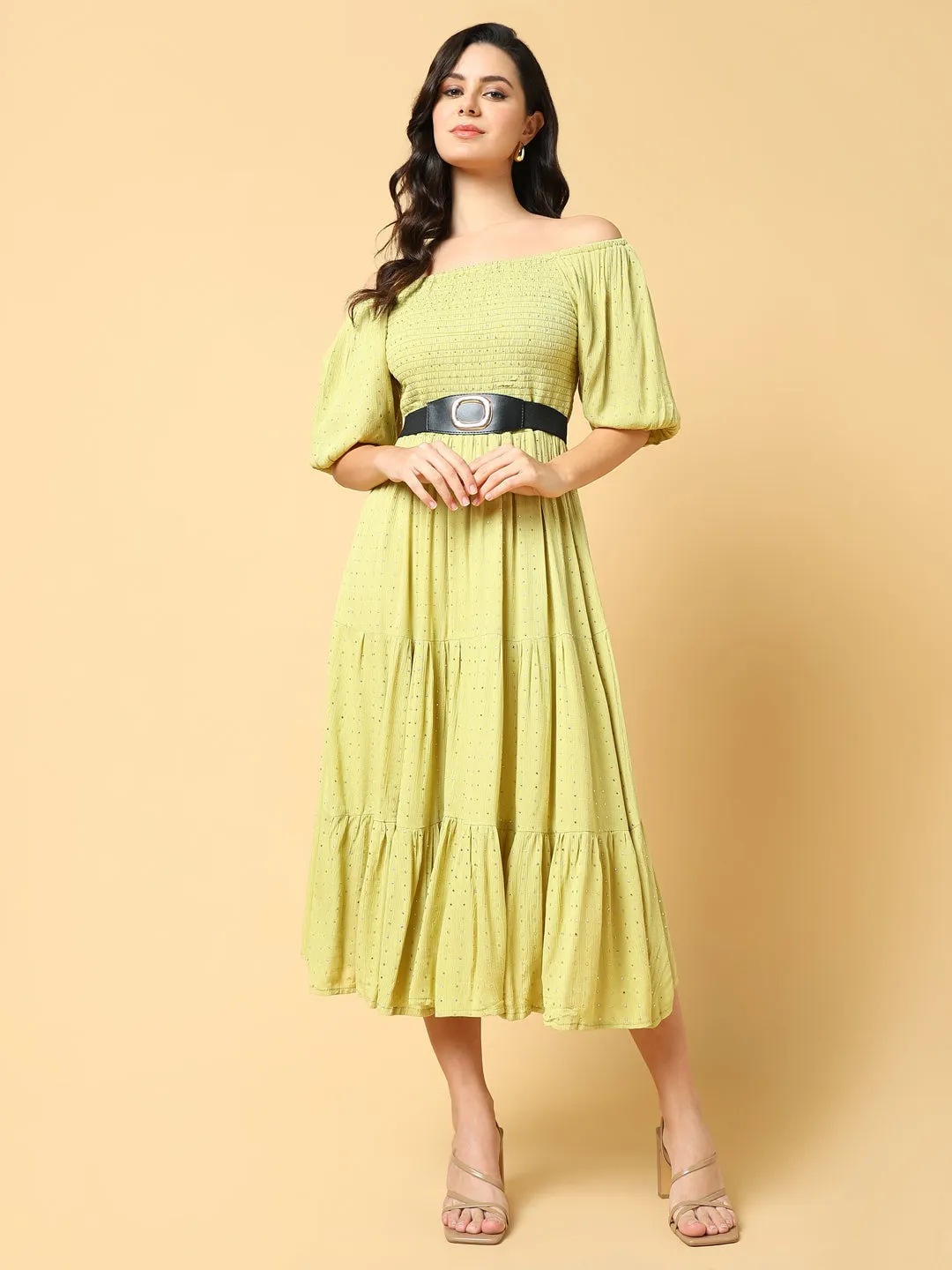 Women Green Solid Fit and Flare Dress with Belt