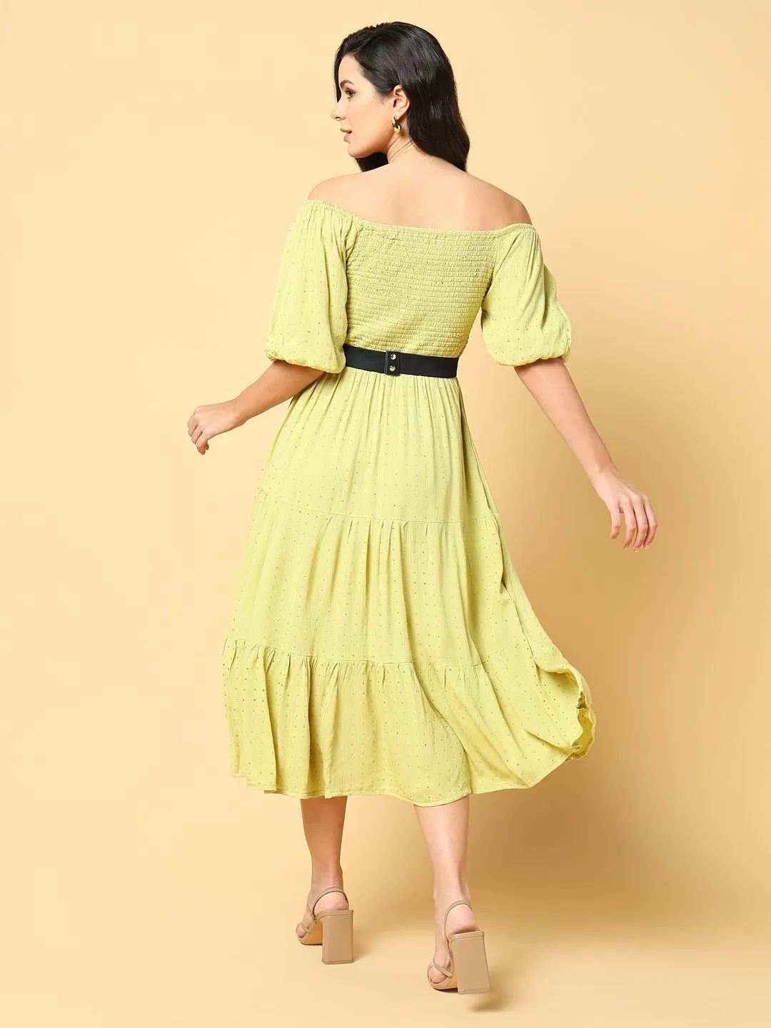 Women Green Solid Fit and Flare Dress with Belt