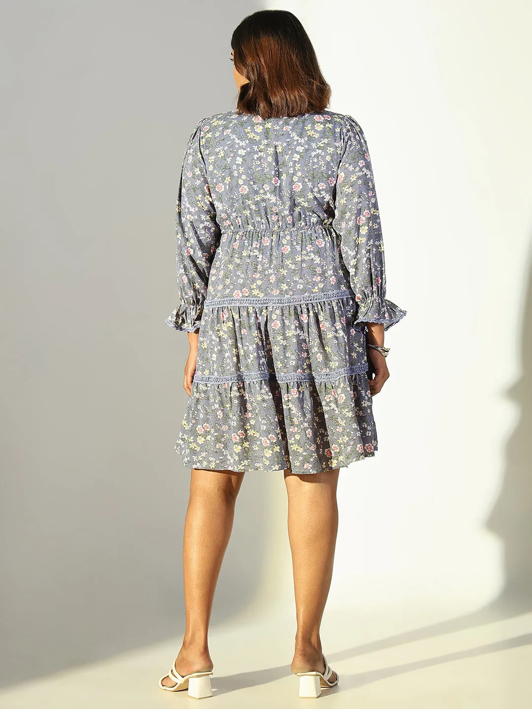 Women Grey Floral Fit and Flare Dress