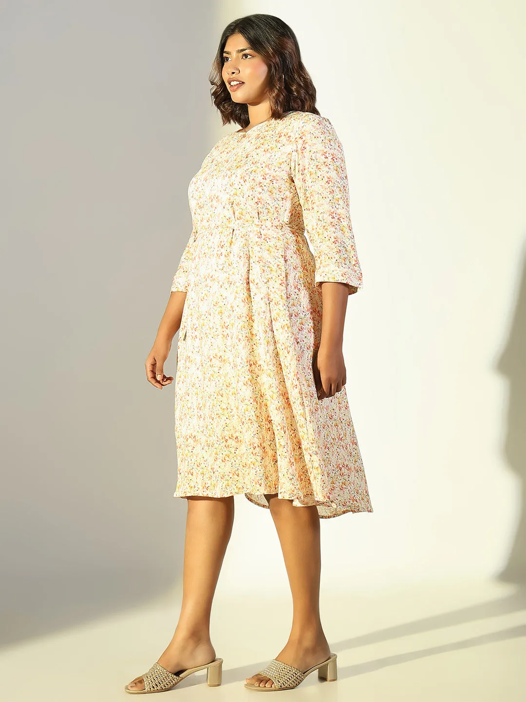 Women Orange Floral Fit and Flare Dress with Belt