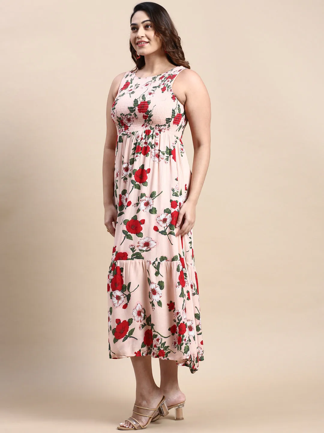 Women Peach Floral Fit and Flare Dress