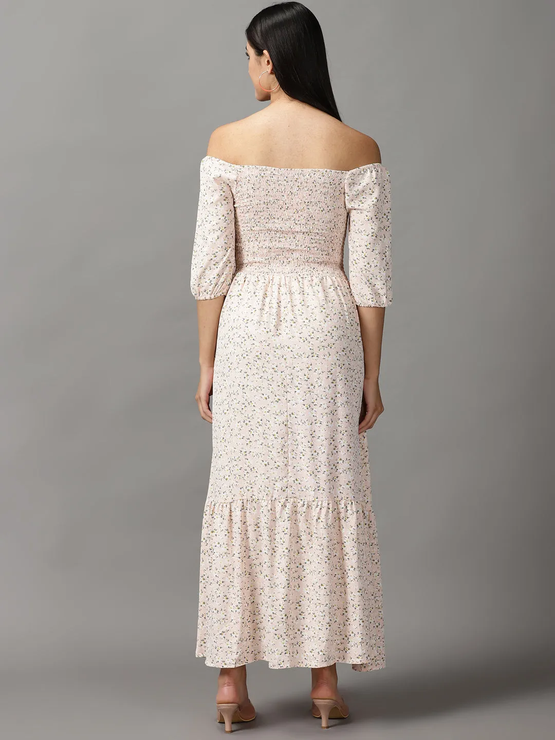 Women Peach Floral Off-Shoulder Chiffon Fit and Flare Dress