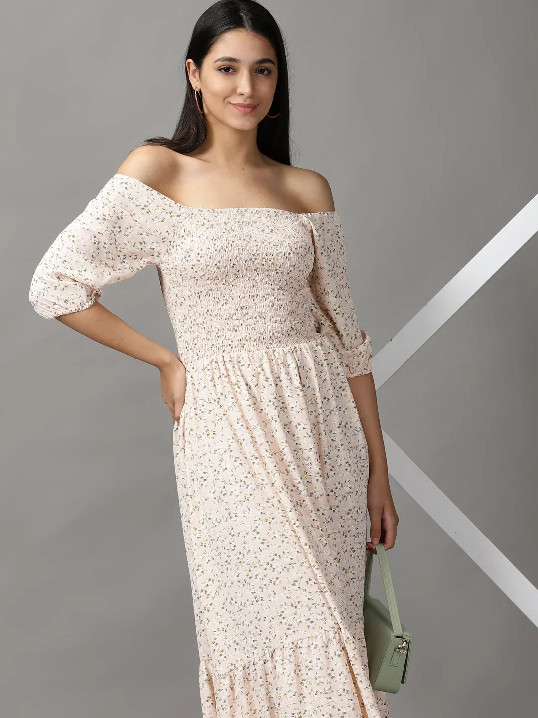 Women Peach Floral Off-Shoulder Chiffon Fit and Flare Dress