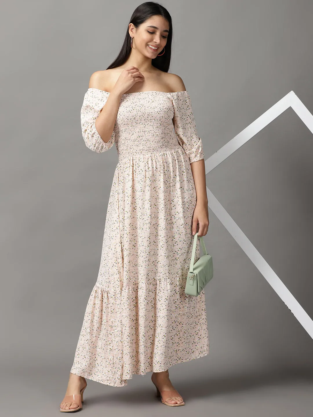 Women Peach Floral Off-Shoulder Chiffon Fit and Flare Dress