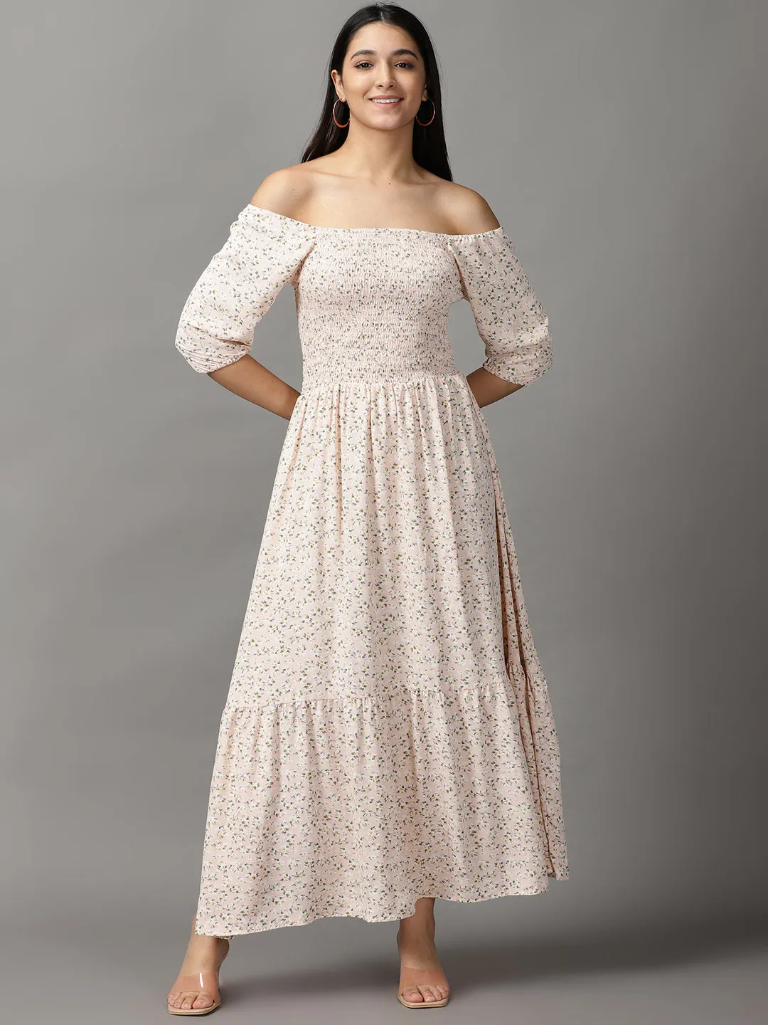 Women Peach Floral Off-Shoulder Chiffon Fit and Flare Dress