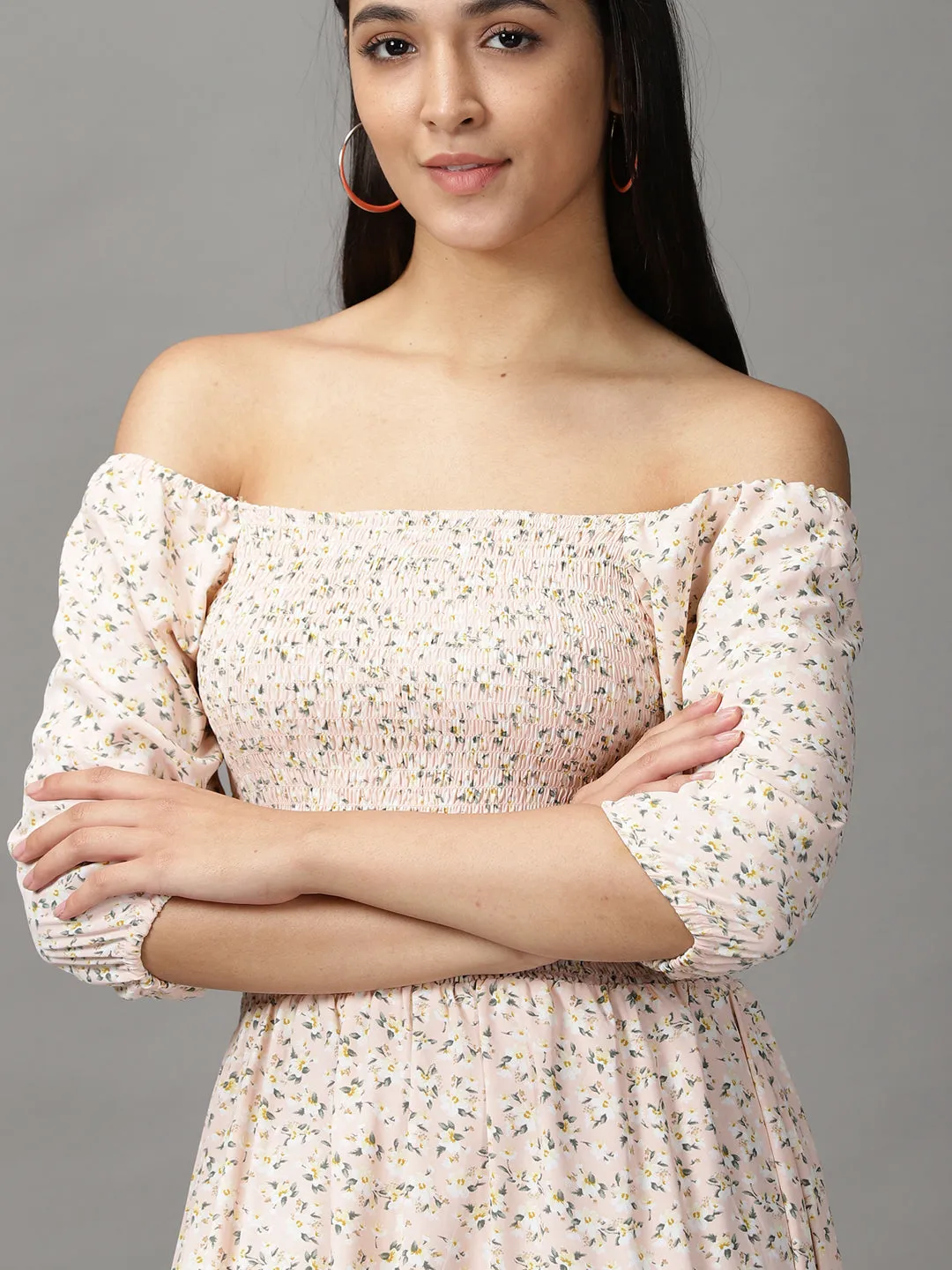 Women Peach Floral Off-Shoulder Chiffon Fit and Flare Dress