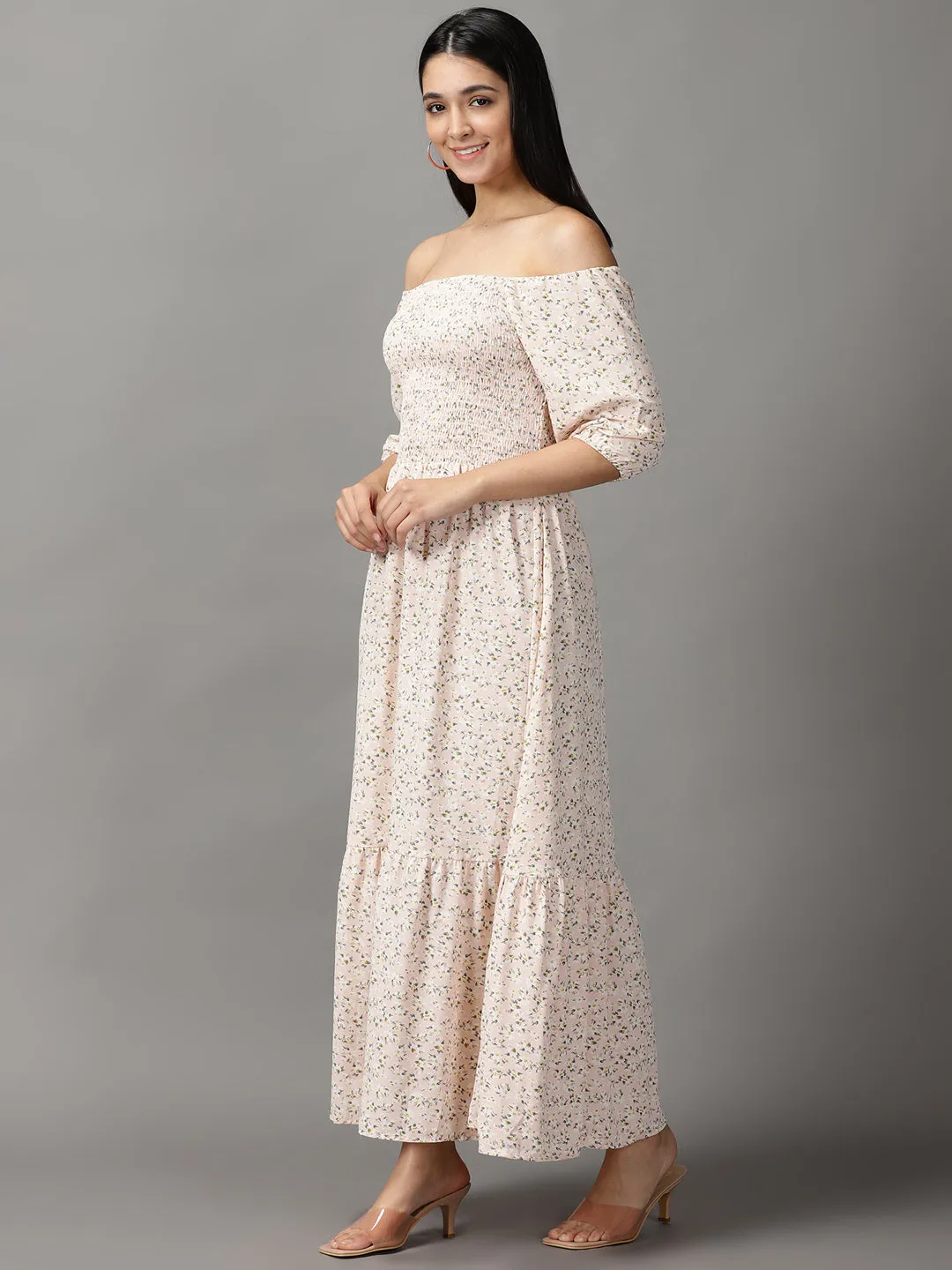 Women Peach Floral Off-Shoulder Chiffon Fit and Flare Dress