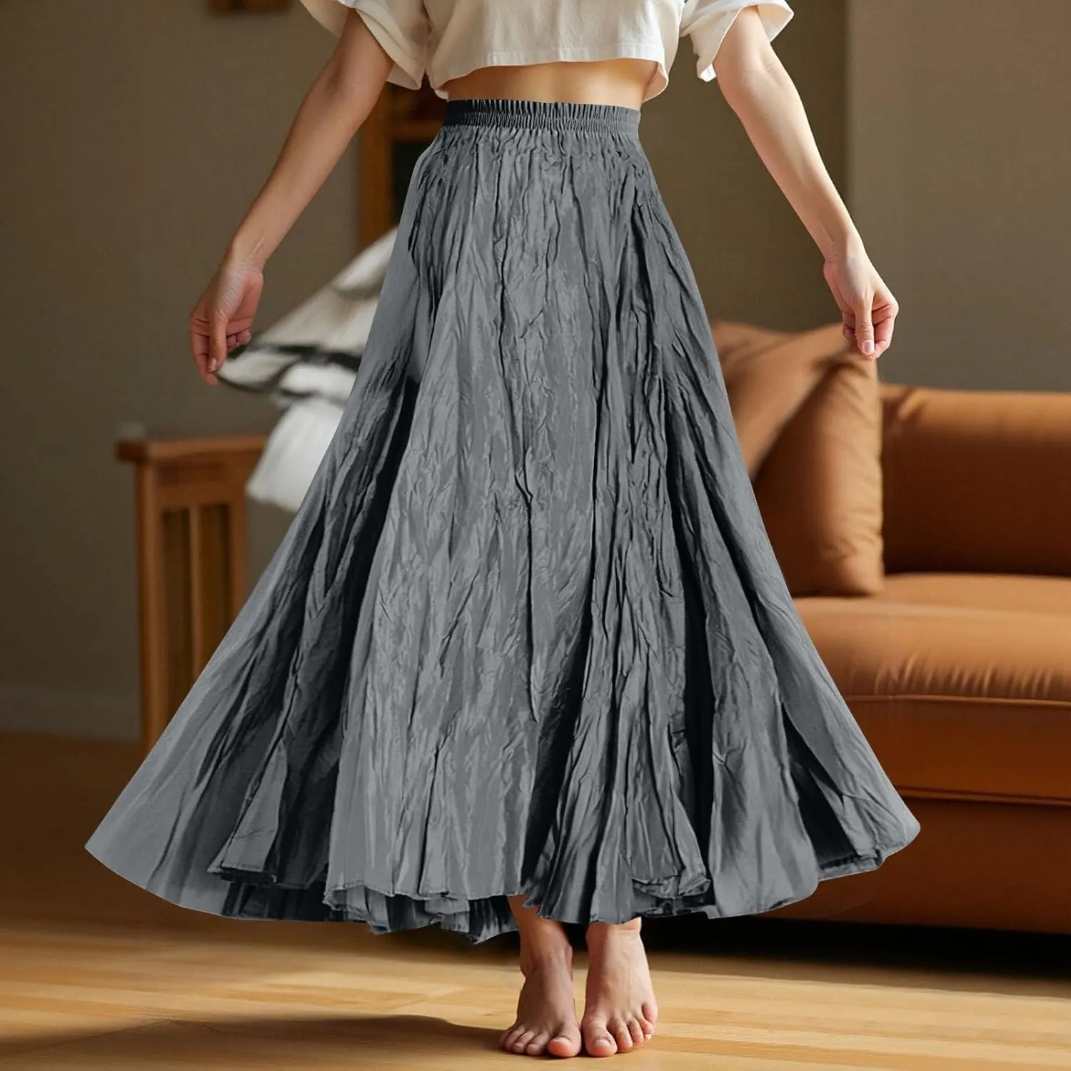 Womens Pleated A-line Maxi Skirt Boho Beach Summer Vacation Long Skirts Elastic High Waist Flowy Casual Long Skirts