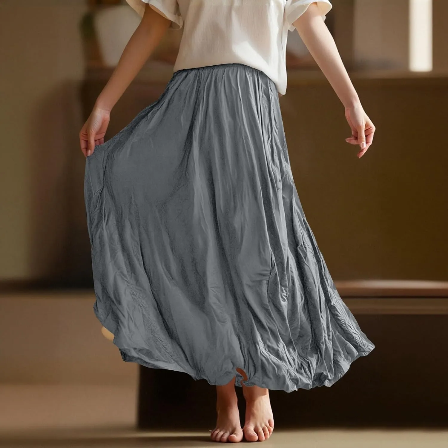 Womens Pleated A-line Maxi Skirt Boho Beach Summer Vacation Long Skirts Elastic High Waist Flowy Casual Long Skirts