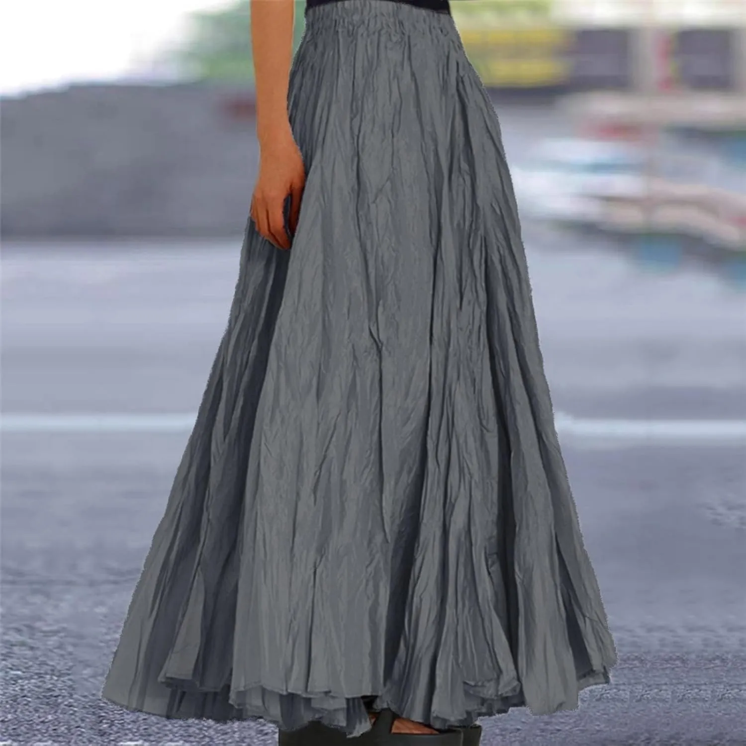 Womens Pleated A-line Maxi Skirt Boho Beach Summer Vacation Long Skirts Elastic High Waist Flowy Casual Long Skirts