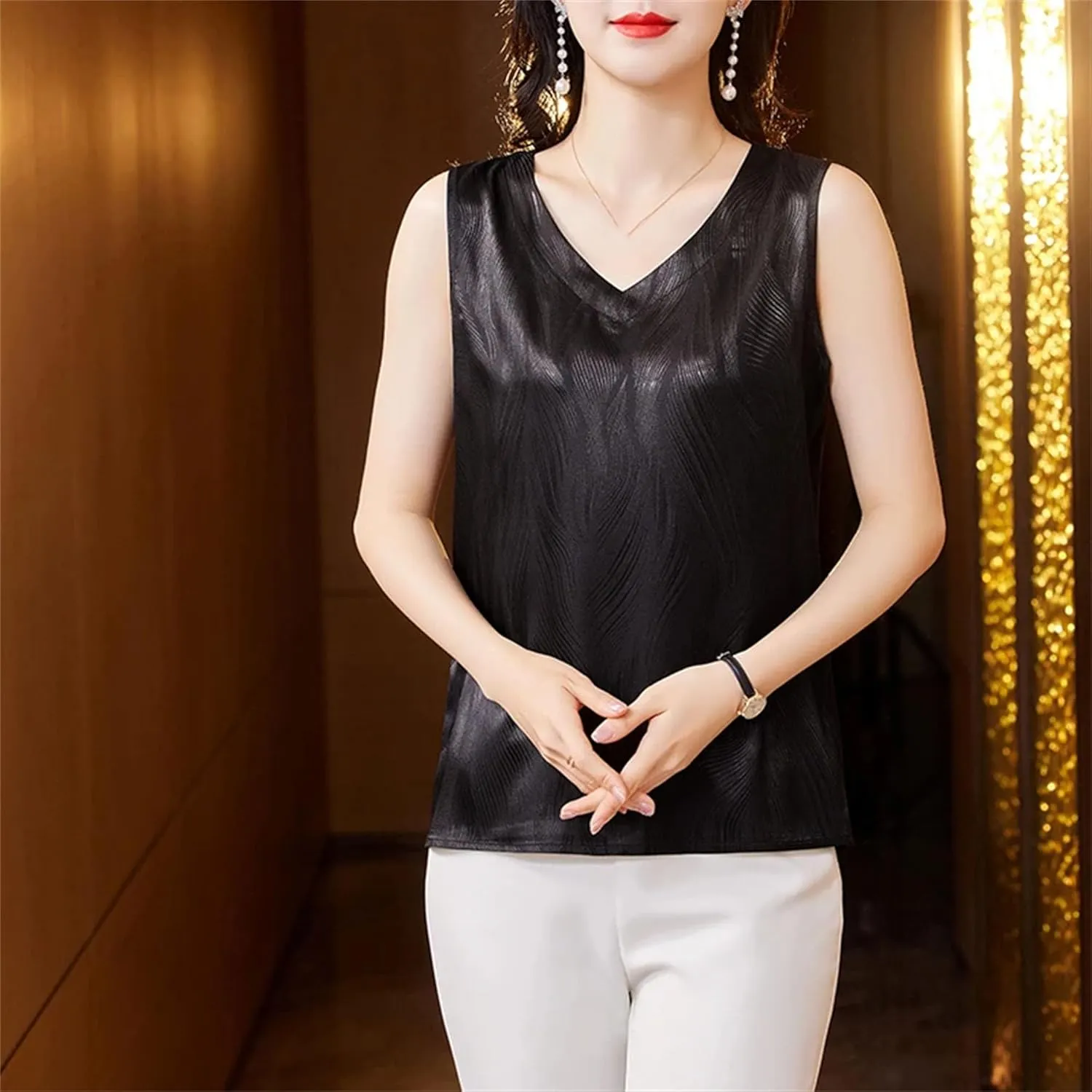 Women's Silk Satin V-Neck Tank Top Camisole Summer Breathable Sleeveless Vest Casual Loose Fit Undershirt for Blazers