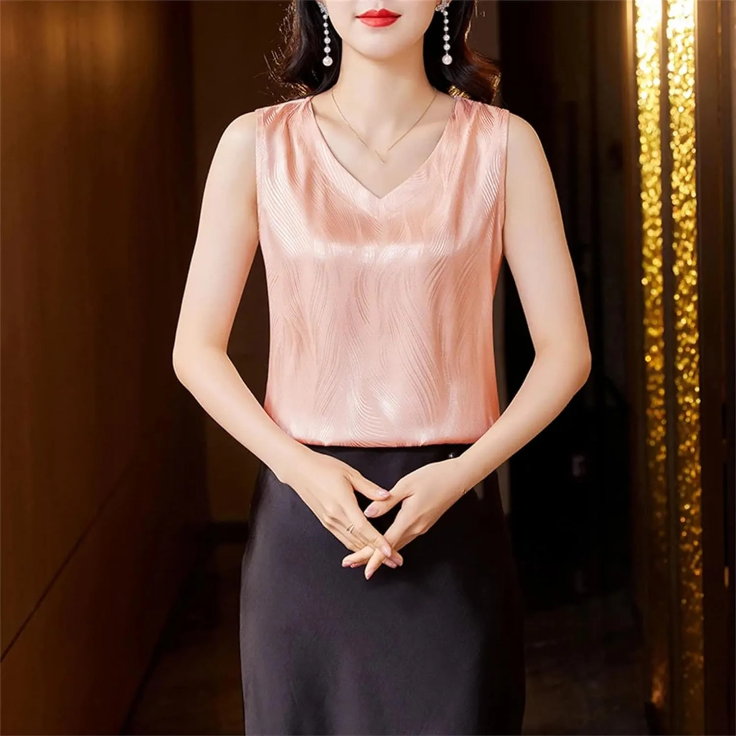 Women's Silk Satin V-Neck Tank Top Camisole Summer Breathable Sleeveless Vest Casual Loose Fit Undershirt for Blazers
