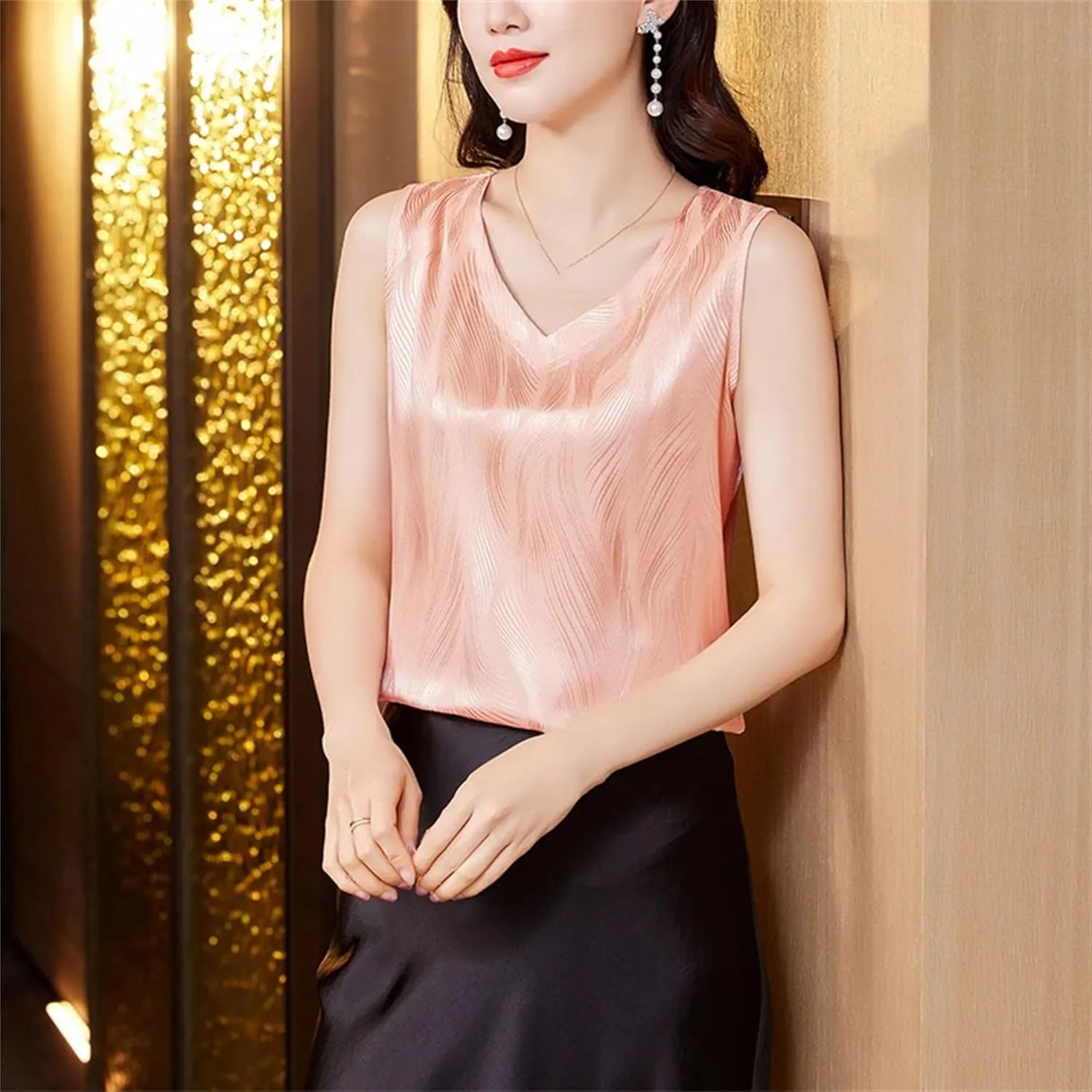 Women's Silk Satin V-Neck Tank Top Camisole Summer Breathable Sleeveless Vest Casual Loose Fit Undershirt for Blazers