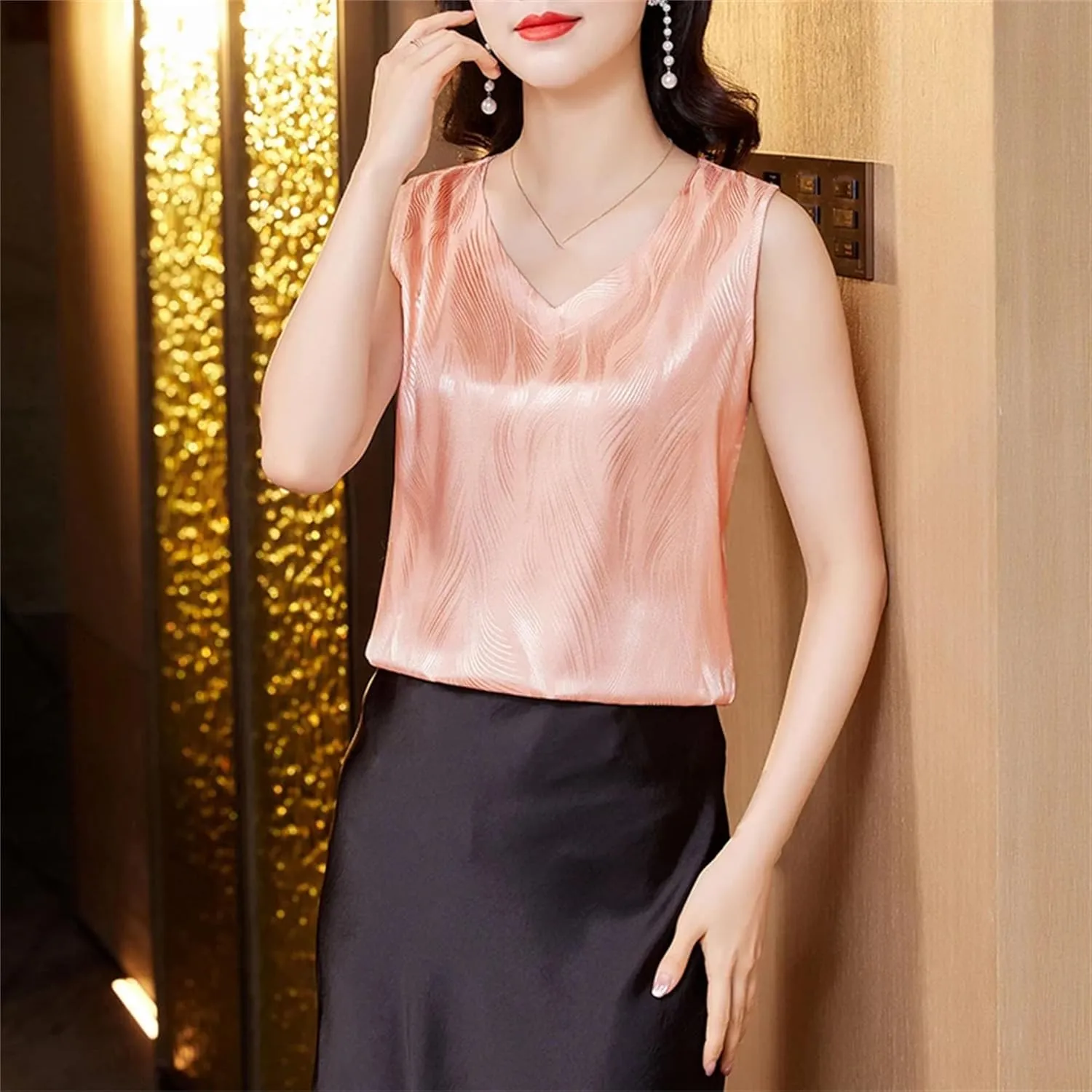 Women's Silk Satin V-Neck Tank Top Camisole Summer Breathable Sleeveless Vest Casual Loose Fit Undershirt for Blazers
